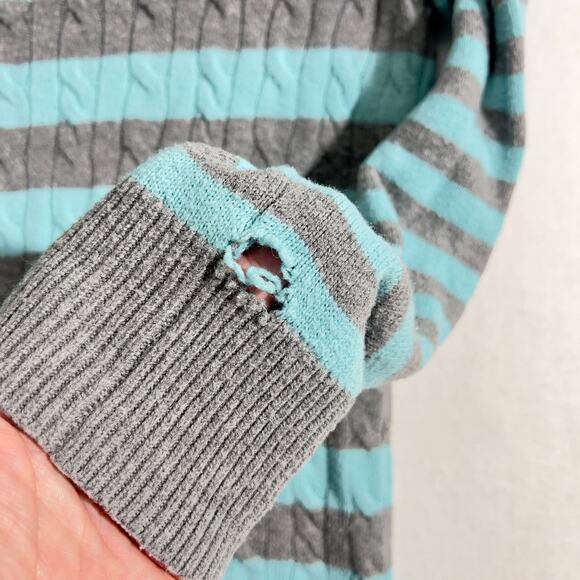 Talbots Crew Neck Sweater Woman's L 30% Lambswool Cable Knit Teal Grey Stripe - Picture 4 of 10